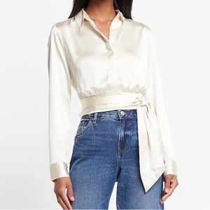Express Satin Tie Front Banded Bottom Portofino Shirt